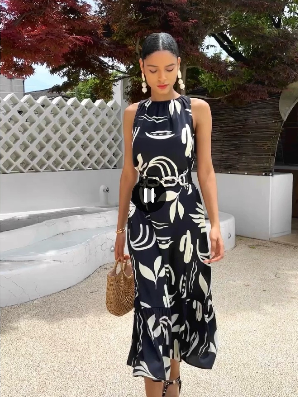 Sleeveless Black & Cream Halter Midi Dress
